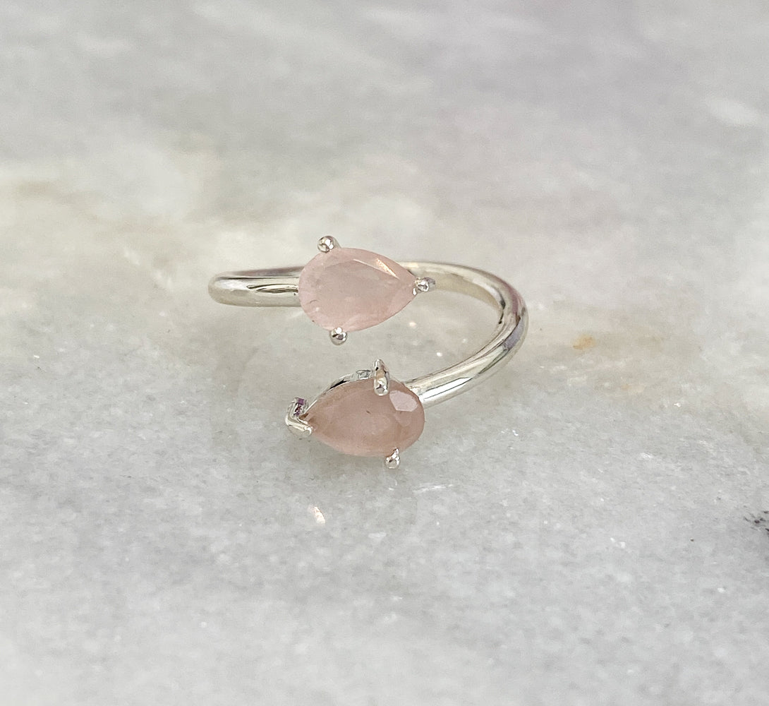 Rose Quartz Crystal Teardrop Ring (Sterling Silver)