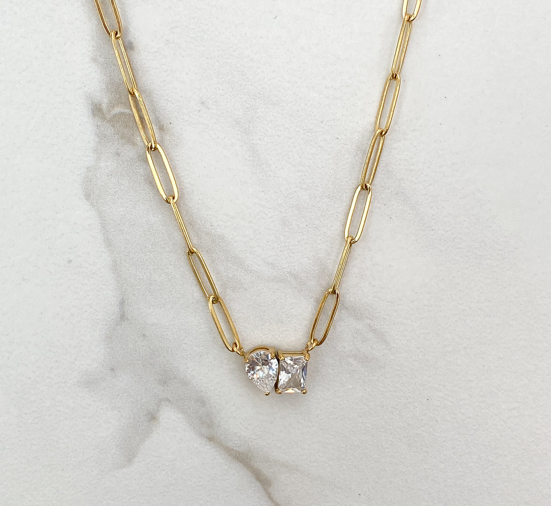 Gold Paperclip chain necklace with crystal pendant